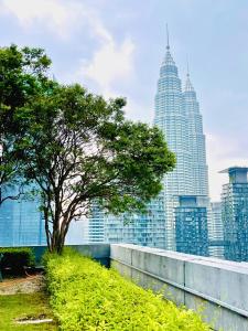 ein Baum auf einem Hügel vor einer Stadt in der Unterkunft The Mews KLCC Service Suites in Kuala Lumpur