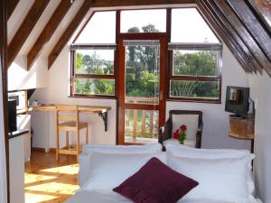 a bedroom with a bed and a table and windows at Aberdour Guesthouse in Port Elizabeth