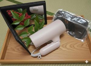 a blow dryer sitting on top of a wooden box at Kimono Hotel Himeji 着物宿 in Himeji