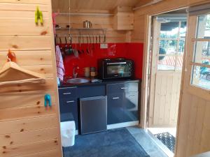- une petite cuisine dans une cabane en rondins avec un four micro-ondes dans l'établissement Alpaca Hideaway - Uk35188, à Newtown