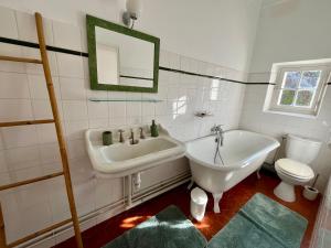 a bathroom with a sink and a toilet and a mirror at Chambre double in Saint-Raphaël