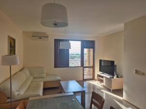 ein Wohnzimmer mit Sofa und Fernseher in der Unterkunft New Light house golf apartment in Baltschik