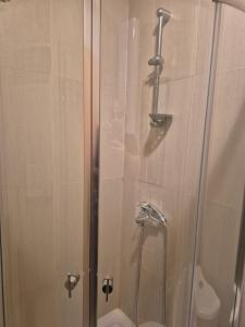 eine Dusche mit Glastür neben einer Toilette in der Unterkunft New Light house golf apartment in Baltschik