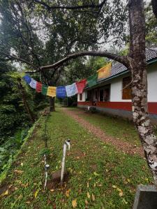 une cour avec une maison et une guirlande de drapeaux dans l'établissement Nutmeg nirvana, à Erāttupetta