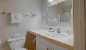 a bathroom with a sink and a toilet and a mirror at 11 Pine Mt in Sunriver
