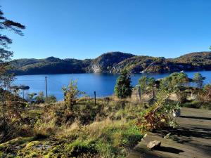 a view of a lake with a wooden bench at 5 person holiday home in FARSUND-By Traum in Helle