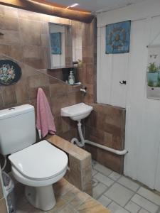 a bathroom with a toilet and a sink at Kitinete Ubatuba vista mar in São Francisco do Sul