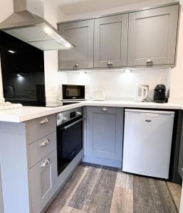 a kitchen with gray cabinets and white appliances at New! 1BR in Horsemarket in Darlington +12 photos