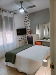 ネルハにあるSolnerjaの天井ファン付きの大きなベッドのある寝室