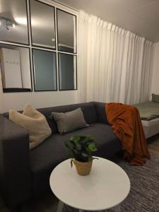 ein Wohnzimmer mit Couch und Tisch in der Unterkunft Tromsdalen Studio 2 - FREE Parking & Near Attractions - Winter Stay Offer Now! in Trondalen