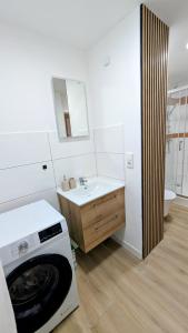 ein weißes Badezimmer mit einem Waschbecken und einer Waschmaschine in der Unterkunft CASA BENJI Dohma - geräumige FeWo - Familien - Parkplatz - Waschmaschine in Dohma