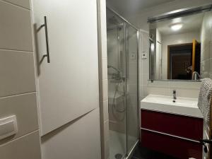 ein Badezimmer mit Glasdusche und Waschbecken in der Unterkunft Spacieux 2 Pièces aux Carroz, 6 Pers., Balcon ensoleillé - FR-1-572-9 in Arâches-la-Frasse