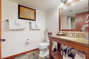 a bathroom with a toilet and a sink and a mirror at Everline Resort & Spa 317 in Olympic Valley +15 photos