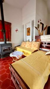 a bedroom with two beds and a fire place at Casa Panoramica Maria Ines in Villa Carlos Paz