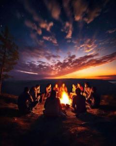 a group of people sitting around a fire at sunset at narangala skycamping in Bokanoruwa +16 photos