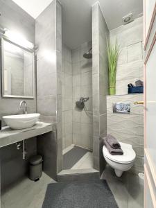 a bathroom with a shower and a toilet and a sink at Szent Kristóf Panzió in Eger