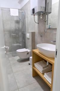 een badkamer met een wastafel, een toilet en een douche bij Apartments Lukas 5 in Zadar