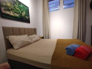 un lit avec deux oreillers dessus dans une chambre dans l'établissement AP Custo benefício a 10 min de praia,rodoviária, estádio e ferroviária, à Vila Velha