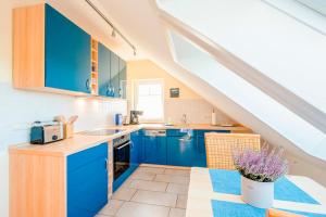 a kitchen with blue cabinets and a blue counter top at Ferienhaus LampRieger Fewo 1 OG in Wieck