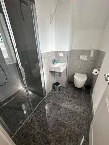 a bathroom with a shower and a sink and a toilet at Brockies Piratenresidenz in Lancken