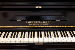 a black piano with a sign on it at The Luxury and Nature Retreat with pool, jacuzzi & BBQ in Vila Fonche