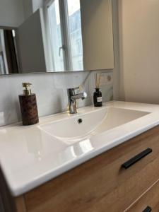 a white sink in a bathroom with a mirror at Lovely 1BR & 1LR Apartment, Only 15 Min Walk to City Center in Ghent