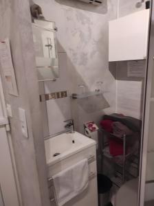 Elle comprend une petite salle de bains blanche pourvue d'un lavabo et de toilettes. dans l'établissement Chambres d'hôtes - Les Orchidées, à Perpignan