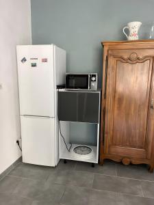 ein weißer Kühlschrank und eine Mikrowelle neben einem Holzschrank in der Unterkunft Maisonnette au coeur du Luberon in Gondonnets