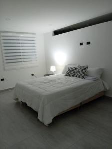 ein weißes Schlafzimmer mit einem großen Bett und einer Lampe in der Unterkunft Marine centro santa marta in Santa Marta
