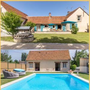 twee foto's van een huis en een zwembad bij Le gîte L'As de Seur in Seur