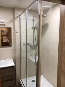 a bathroom with a shower with a glass door at Best apartment in Orbi Palace in Itʼkhvisi