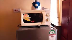 a microwave sitting on top of a refrigerator at Deluxe Homes, Voi in Voi