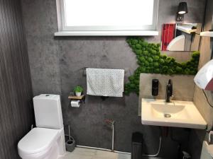 a bathroom with a white toilet and a sink at Drive inn Room&Shower in Rīga