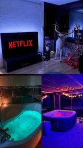a room with a tv and a bathtub with a sign at Gite 205 m2, 8pers piscine, jacuzzi, balnéo privatifs in Vagney