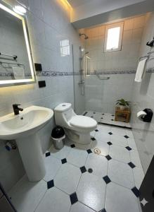 a bathroom with a toilet and a sink and a shower at Hotel Camino Real Puno in Puno