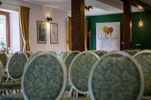 a row of chairs in a room with green walls at Szumi Las Events & Apartments in Regimin