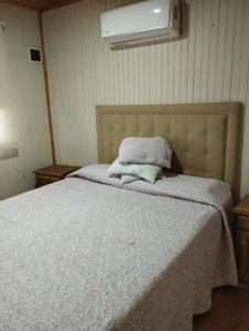 a bedroom with a bed with a pillow on it at Cabaña con quincho y pileta in Gualeguaychú