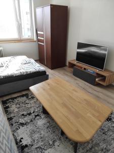 a living room with a tv and a coffee table at Apartmán Líška v Tatranskej Štrbe in Tatranska Strba +24 photos
