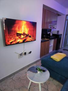 een woonkamer met een open haard aan de muur bij Poshairbnb in Nairobi