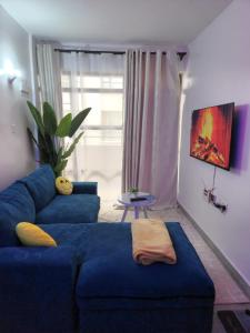 een woonkamer met een blauwe bank en een raam bij Poshairbnb in Nairobi