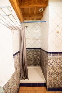 une douche avec un rideau de douche dans une salle de bain dans l'établissement Auberge Les Myrtilles, à Le Bosc 76 autres photos