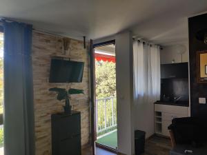 グレウー・レ・バンにあるStudio lumineux proche des thermes et du centre-village residence Parc Paradisのレンガの壁にテレビが置かれたリビングルーム