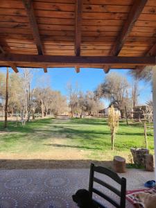 a view of a park from a porch with a wooden roof at Casa de campo Luisa in Tinogasta