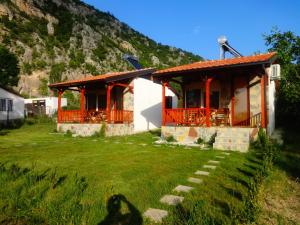 a house with a grassy yard in front of a mountain at Karali Apartments in Lagadin