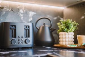 een broodrooster op een aanrecht met een waterkoker bij JW Executive ApartHouse in Glasgow