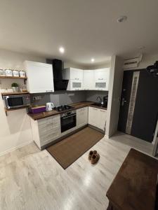 a kitchen with white cabinets and a wooden floor at Apartmánový byt VYHNE in Vyhne