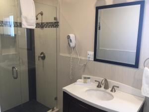 a bathroom with a shower, sink, and mirror at El Royale Hotel - Near Universal Studios Hollywood in Los Angeles