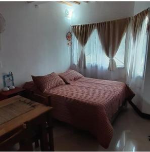 ein Schlafzimmer mit großem Bett und Fenster in der Unterkunft departamentos valle escondido in Villa Yacanto