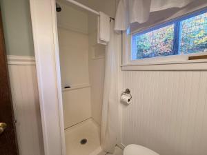 a bathroom with a shower and a toilet with a window at Brookhaven 5 in Maple City