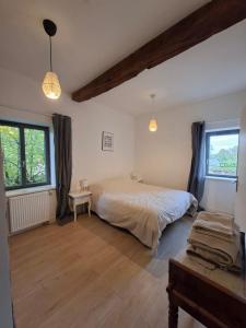 ein Schlafzimmer mit einem großen Bett und zwei Fenstern in der Unterkunft La halte caladoise in Gleizé
